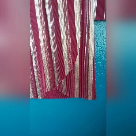 LULUS Dress Medium Gold and Burgundy Striped V.I.P. Party Pleated Long Sleeve - Picture 3 of 7